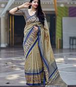 Beige woven banarasi silk saree with blouse