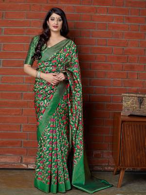 Green woven banarasi silk saree with blouse 1