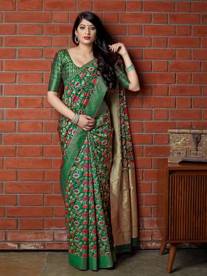 Green woven banarasi silk saree with blouse 2