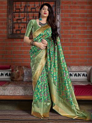 Green woven banarasi silk saree with blouse 1