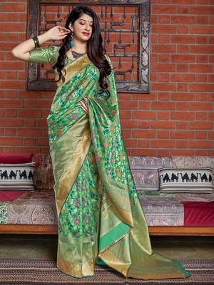 Green woven banarasi silk saree with blouse 2