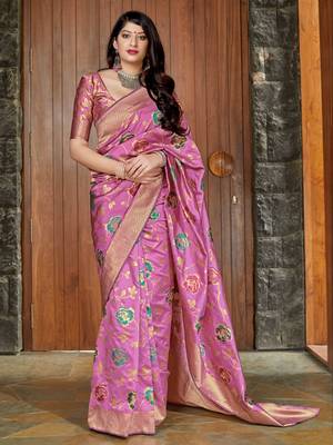 Pink woven banarasi silk saree with blouse 1