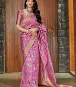 Pink woven banarasi silk saree with blouse