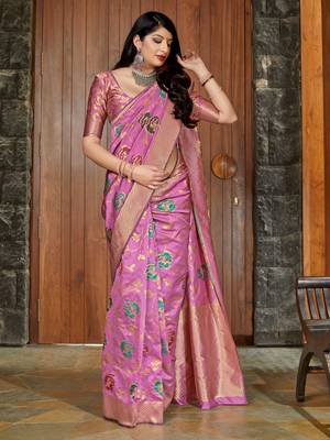Pink woven banarasi silk saree with blouse 2