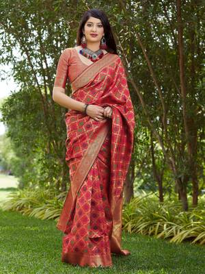Red woven banarasi silk saree with blouse 1