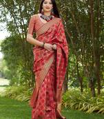 Red woven banarasi silk saree with blouse
