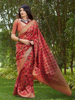 Red woven banarasi silk saree with blouse 2