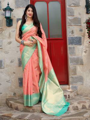 Peach woven banarasi silk saree with blouse 1