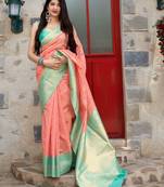 Peach woven banarasi silk saree with blouse
