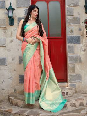 Peach woven banarasi silk saree with blouse 2