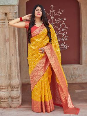 Yellow woven banarasi silk saree with blouse 1
