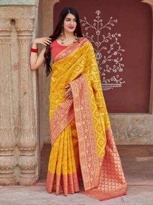 Yellow woven banarasi silk saree with blouse 2