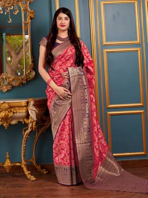 Red woven banarasi silk saree with blouse 1