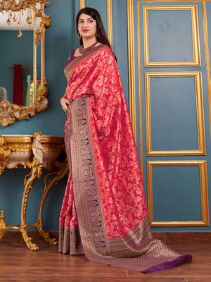Red woven banarasi silk saree with blouse 2