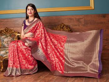 Red woven banarasi silk saree with blouse 3