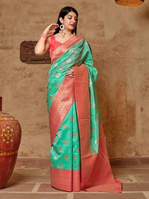 Aqua blue woven banarasi silk saree with blouse 1