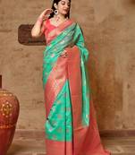 Aqua blue woven banarasi silk saree with blouse