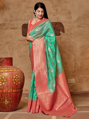 Aqua blue woven banarasi silk saree with blouse 2