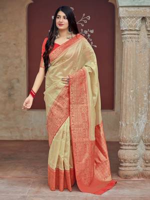 Beige woven banarasi silk saree with blouse 1