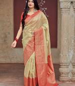 Beige woven banarasi silk saree with blouse