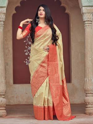 Beige woven banarasi silk saree with blouse 2