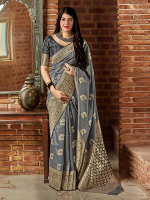Grey woven banarasi silk saree with blouse 1
