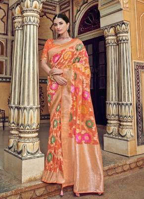 Orange woven silk saree with blouse 1