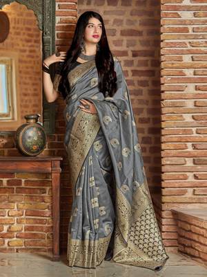 Grey woven banarasi silk saree with blouse 2