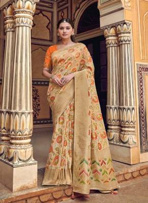 Cream woven silk saree with blouse 1