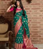 Green woven banarasi silk saree with blouse