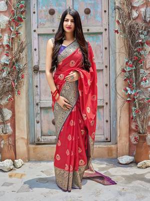 Red woven banarasi silk saree with blouse 1