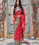 Red woven banarasi silk saree with blouse