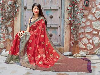 Red woven banarasi silk saree with blouse 2