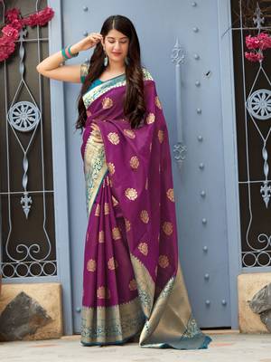 Magenta woven banarasi silk saree with blouse 2