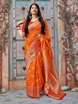 Orange woven banarasi silk saree with blouse 1