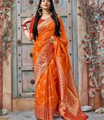 Orange woven banarasi silk saree with blouse