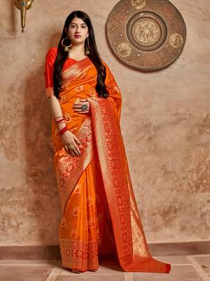 Orange woven banarasi silk saree with blouse 2