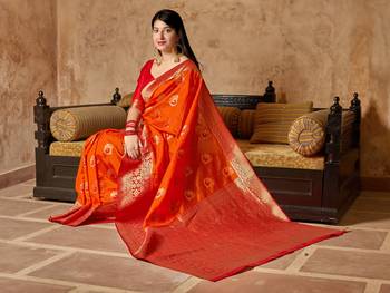 Orange woven banarasi silk saree with blouse 4