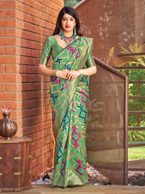 Green woven banarasi silk saree with blouse 1