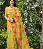 Yellow woven banarasi silk saree with blouse