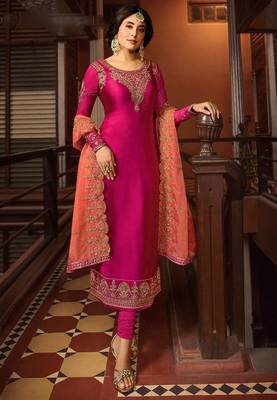 Pink Satin Georgette Straight Salwar Suit Semi Stitched 1