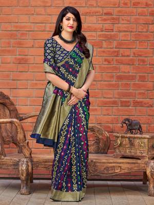 Dark blue woven banarasi silk saree with blouse 2