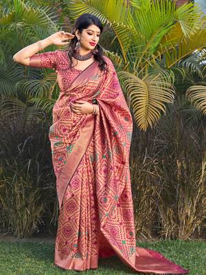 Pink woven banarasi silk saree with blouse 1