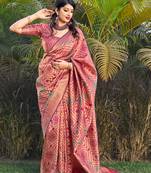 Pink woven banarasi silk saree with blouse