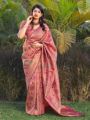 Pink woven banarasi silk saree with blouse 2