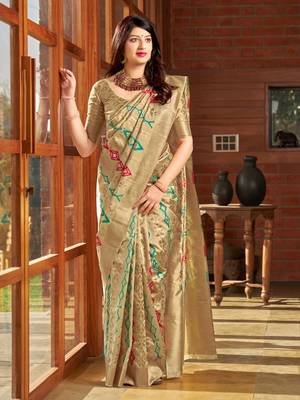 Beige woven banarasi silk saree with blouse 1
