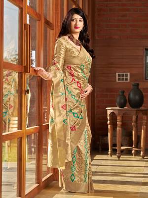 Beige woven banarasi silk saree with blouse 2