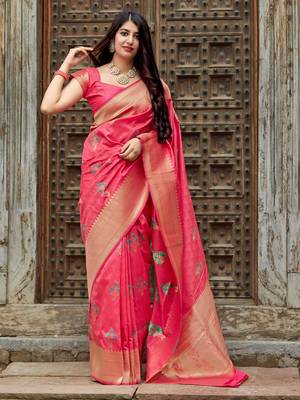 Pink woven banarasi silk saree with blouse 1
