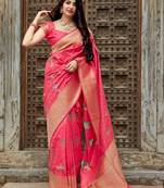 Pink woven banarasi silk saree with blouse