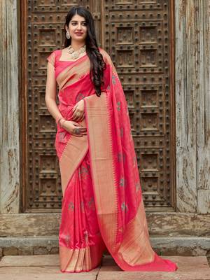 Pink woven banarasi silk saree with blouse 2